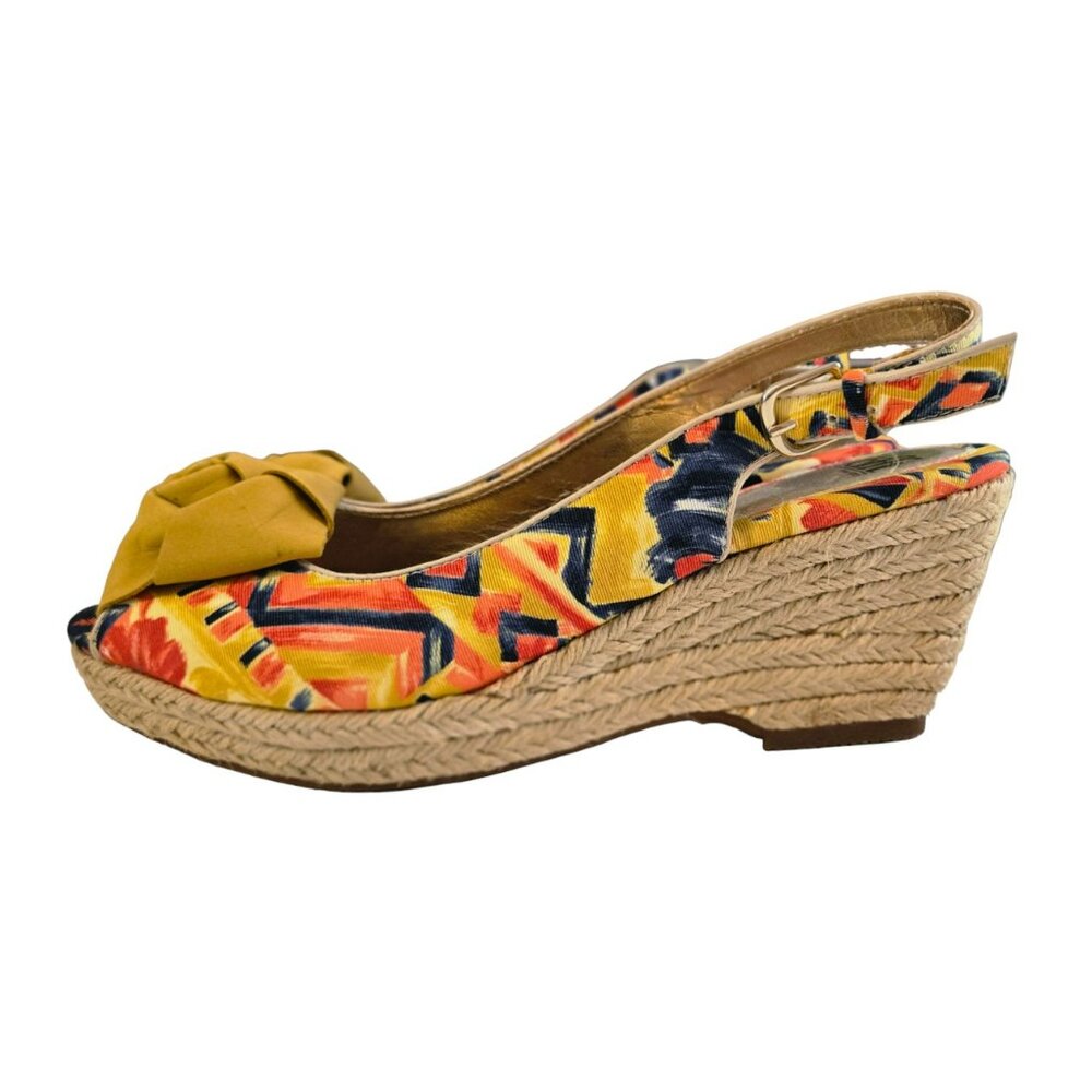 Sofft 9.5 Women's Marcela Floral Peep Toe Wedge Slingback Orange Mustard Bow